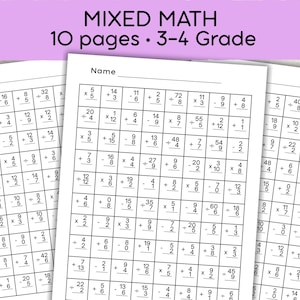 May include: A set of ten educational maths worksheets for years 4-5 titled Mixed Math. Each white paper page features a grid of black printed arithmetic problems including addition, subtraction, multiplication, and division with a name line at the top.