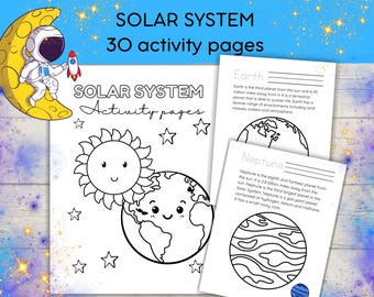 May include: A set of 30 solar system activity pages featuring black and white line art of the sun, Earth, and Neptune. The pages include educational text about planets, a cartoon astronaut on a yellow moon, and stars on a blue background.