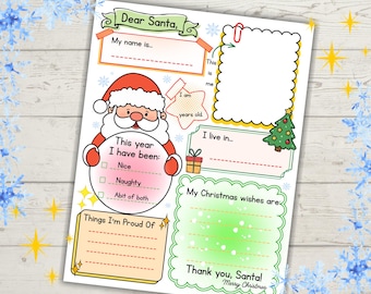 Puede incluir: Una plantilla imprimible de carta a Santa Claus con un dibujo de Santa, espacios para nombre, edad, ubicación y una lista de verificación de comportamiento. El documento incluye secciones para deseos navideños y logros con detalles en rojo y verde.