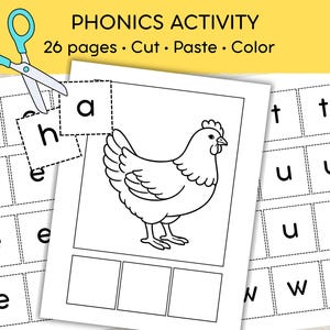 May include: A phonics activity worksheet featuring 26 pages of cut, paste, and color exercises. The page displays a black and white line drawing of a chicken, letter tiles including 'a' and 'h', and a pair of light blue scissors for cutting.