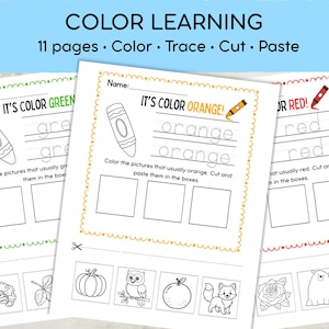 May include: A set of three educational worksheets titled Color Learning with 11 pages for color, trace, cut, and paste activities. Each page features a crayon illustration, writing practice lines, and boxes for cutting and pasting images like a pumpkin, owl, and fox.