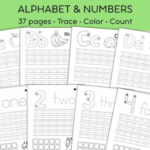 May include: A collection of 37 educational activity pages titled ALPHABET & NUMBERS, featuring black and white outlines for tracing, coloring, and counting. The pages display letters A through D with corresponding illustrations and numbers 1 through 4.