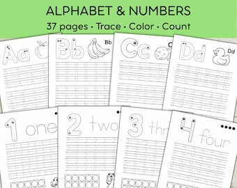 May include: A collection of 37 educational activity pages titled ALPHABET & NUMBERS, featuring black and white outlines for tracing, coloring, and counting. The pages display letters A through D with corresponding illustrations and numbers 1 through 4.