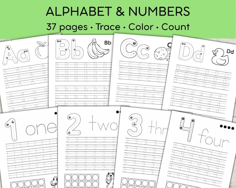 May include: A collection of 37 educational activity pages titled ALPHABET & NUMBERS, featuring black and white outlines for tracing, coloring, and counting. The pages display letters A through D with corresponding illustrations and numbers 1 through 4.