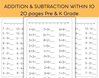Addition Subtraction Worksheets Within 10 | Preschool Kindergarten Math Practice (PDF Download)