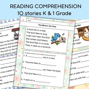 May include: A set of reading comprehension worksheets for kindergarten and first grade students. The pages feature stories titled A Train in the Rain, The Bird in the Tree, and The Pen, with fill-in-the-blank exercises and colourful illustrations.