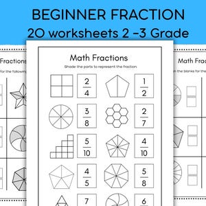 Può includere: Un set di 20 schede didattiche sulle frazioni per le classi 2-3. Le pagine presentano esercizi di matematica in bianco e nero con forme geometriche, inclusi quadrati, cerchi, pentagoni ed esagoni, con caselle per scrivere le frazioni.