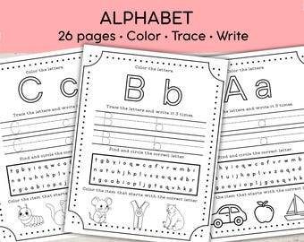 May include: A set of educational alphabet worksheets featuring 26 pages for coloring, tracing, and writing letters. Each page includes uppercase and lowercase letters, practice lines for writing, a letter search box, and illustrations to color.