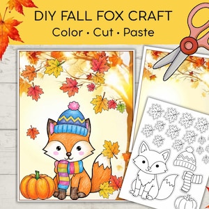 May include: A DIY fall fox craft kit featuring a colored illustration of a fox wearing a blue hat and striped scarf next to a pumpkin, surrounded by autumn leaves. Includes a black and white outline sheet for coloring, cutting, and pasting.