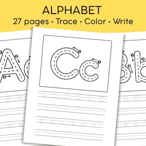 Pode incluir: Um conjunto de 27 folhas de exercícios educativos do alfabeto com o texto ALPHABET 27 pages Trace Color Write. Cada página exibe letras maiúsculas e minúsculas grandes com setas direcionais para traçar, seguidas de linhas pontilhadas.