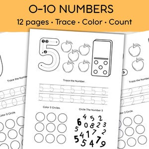 May include: A set of educational worksheets titled O-10 NUMBERS 12 pages Trace Color Count. The pages feature black and white line art including large numbers, apples, dominoes, and circles for tracing, coloring, and counting exercises.