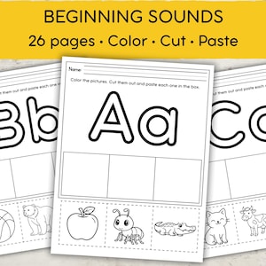 May include: A set of educational worksheets titled BEGINNING SOUNDS with 26 pages for color, cut, and paste activities. Each page features large uppercase and lowercase letters like Aa, Bb, and Cc, with blank boxes and black and white line art illustrations.