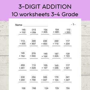 Può includere: Un foglio di esercizi educativo bianco intitolato 3-DIGIT ADDITION 10 worksheets 3-4 Grade, che presenta una griglia di problemi matematici stampati in nero. Ogni riga mostra cinque serie di numeri a tre cifre per l'addizione.