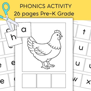 May include: A phonics activity worksheet for Pre-K grade with 26 pages featuring a black and white line drawing of a chicken, cut-out letter squares, and a pair of light blue scissors. The text reads PHONICS ACTIVITY 26 pages Pre-K Grade.