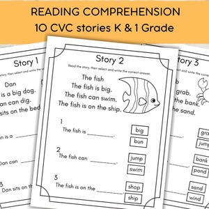 Könnte beinhalten: Ein Set aus Lese-Arbeitsblättern für Kindergarten- und Erstklässler. Die Seiten enthalten CVC-Geschichten mit schwarz-weißem Text und Illustrationen, darunter ein Fisch, sowie Lückentexte zum Ausfüllen.