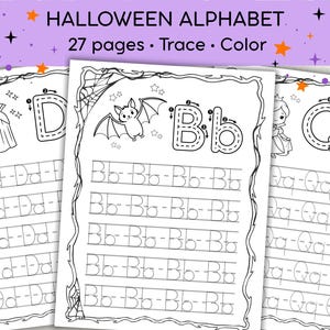 May include: A set of 27 Halloween alphabet tracing and coloring pages featuring black and white illustrations of a vampire, a bat, and a princess. Each page includes large letters with directional arrows for tracing, followed by rows of dashed letters.