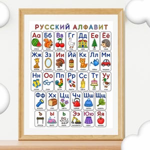 Pode incluir: Um cartaz educativo emoldurado apresentando o alfabeto russo com ilustrações coloridas para cada letra. O título diz "РУССКИЙ АЛФАВИТ" em letras multicoloridas. Cada letra é emparelhada com uma imagem correspondente, como uma melancia, um esquilo, uma cereja, um ganso, uma casa, uma árvore e um ouriço.