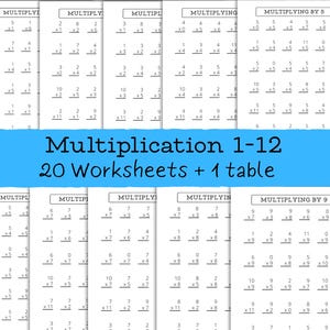 May include: A collection of black and white multiplication worksheets. The worksheets are designed for learning multiplication facts from 1 to 12. The title "Multiplication 1-12" is displayed on a blue banner, along with the text "20 Worksheets + 1 table."