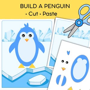 May include: A Build a Penguin cut and paste activity sheet featuring a blue penguin illustration on an icy background, a separate sheet with penguin body parts, and a pair of light blue scissors. The text reads BUILD A PENGUIN and Cut Paste.