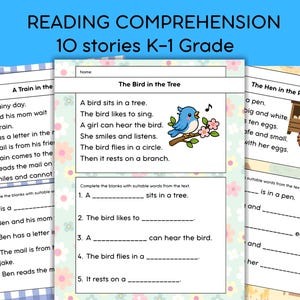 Werkbladen voor begrijpend lezen voor kleuters en groep 1 | 10 korte verhalen met vragen | Beginnend lezen | Printbaar voor thuisonderwijs
