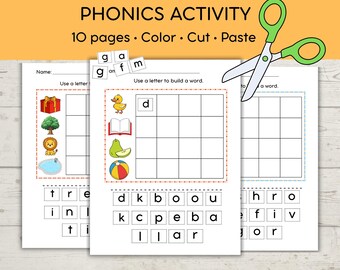 May include: A phonics activity worksheet set featuring 10 pages with color, cut, and paste tasks. The pages include grids, letter tiles, and illustrations of a duck, book, pear, and ball, with the text PHONICS ACTIVITY and Use a letter to build a word.