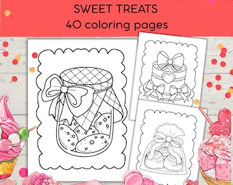 Disegni da colorare di dolciumi/ Dessert, caramelle, cupcake, gelato / PDF stampabile per l'istruzione domiciliare