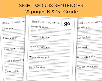 May include: Educational worksheet set titled SIGHT WORDS SENTENCES 21 pages K & 1st Grade. The pages feature black text on white paper with lines for reading, tracing, and writing sentences. The central page focuses on the sight word go.