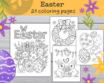 Easter Coloring Pages for Kids | Bunny, Eggs, Spring Scenes (21 PDF Pages)