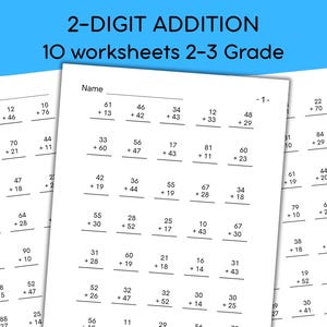 Puede incluir: Un conjunto de 10 hojas de trabajo educativas para estudiantes de 2º y 3º grado con problemas de suma de 2 dígitos. Cada hoja de papel blanco incluye una línea para el nombre, número de página y varias columnas de ecuaciones matemáticas.