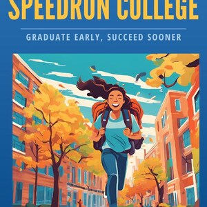 May include: A book cover with the title "How to Speedrun College: Graduate Early, Succeed Sooner" in yellow text on a blue background. An illustration of a person with a backpack running through a college campus with fall foliage.