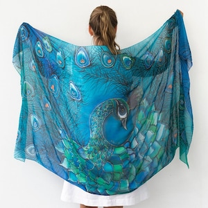 Peacock Scarf Hand Painted Silk Scarf Peacock Wing Scarf Chiffon Scarf Large Scarf Sarong Peacock Wedding Silk Shawl Pure Silk Scarf 70X35 image 1