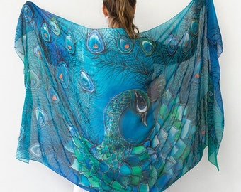 Peacock Scarf Hand Painted Silk Scarf Peacock Wing Scarf Chiffon Scarf Large Scarf Sarong Peacock Wedding Silk Shawl Pure Silk Scarf 70X35