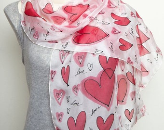 Heart Scarf Hand Painted Silk Scarf Heart Print Women Wife Girlfriend Gift Silk Chiffon Scarf Valentines Gift White Silk Scarf Xmas 55X13