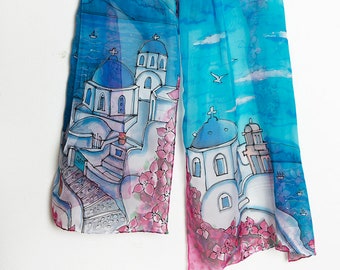 Santorini Hand Painted Silk Scarf Silk Chiffon Scarf Greece Santorini Print Travel Scarf Honeymoon Anniversary Gift Summer Scarf Gift 53X17