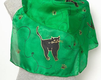 Cat Scarf Hand Painted Silk Scarf Green Silk Scarf Black Cat Print Scarf Black Cat Crazy Cat Lady Gift Cat Mom Gift Birthday Gift 52X13