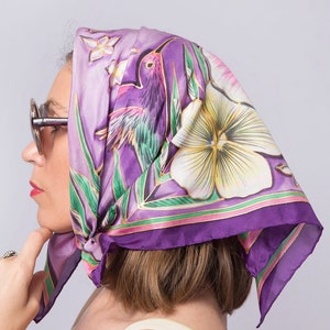 Hummingbird Silk Head Scarf Hand Painted Silk Scarf Hibiscus Colibri Purple Lilac Scarf Bird Scarf Summer Hawaii Print Tropical 24X24