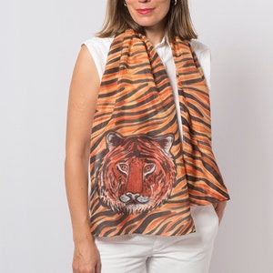 Tiger Stripe Silk Scarf with Tigerhead