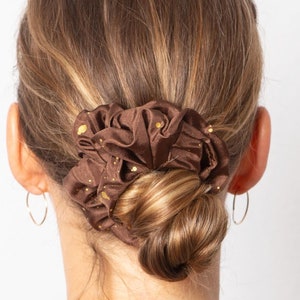 Brown Gold Scrunchie Silk Scrunchie Elegant Pure Silk Scarf Scrunchie Small Scrunchie Messy Bun Scrunchie Fall Scrunchie Gift for Her
