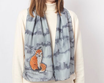 Fox Scarf Hand Painted Silk Scarf Red Fox Scarf Grey Silk Scarf Animal Print Scarf Winter Fox Gifts Pure Silk Scarf Mom Gift 52X13