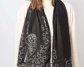 Owl Scarf Hand Painted Scarf Silk Cotton Scarf Silver Black Silk Scarf Owl Print Bird Lover Gift Owl Lover Gift Owl Gifts 58X13