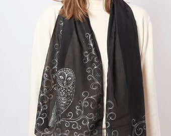 Owl Scarf Hand Painted Scarf Silk Cotton Scarf Silver Black Silk Scarf Owl Print Bird Lover Gift Mother Day Gift 58X13