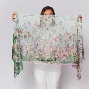 Lily of The Valley Hand Painted Silk Scarf Chiffon Scarf Floral Silk Scarf Silk Pastel Summer Scarf Wife Gift Pink Green Silk Scarf 23X66