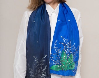 Floral Hand Painted Blue Silk Scarf Lily of The Valley Christmas Gift 53X14