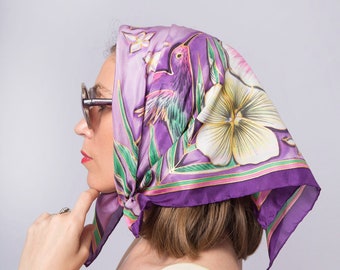 Hummingbird Silk Head Scarf Hand Painted Silk Scarf Hibiscus Colibri Purple Lilac Scarf Bird Scarf Summer Hawaii Print Tropical 24X24