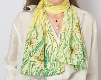 Daffodil Hand Painted Silk Scarf Daffodil Scarf Yellow Silk Scarf Floral Silk Scarf Pure Silk Scarf Long Silk Scarf Mother Day Gift 53X15