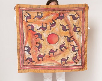 Camel Print Hand Painted Silk Scarf Camel Scarf Square Silk Scarf Desert Print Foulard Femme Red Orange Morocco Egypt Arab Emirates 37X37