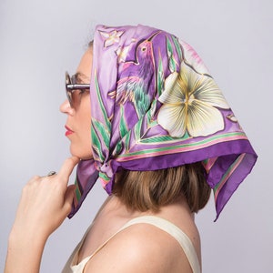 Hummingbird Silk Head Scarf Hand Painted Silk Scarf Hibiscus Colibri Purple Lilac Scarf Bird Scarf Summer Hawaii Print Tropical 24X24 image 1