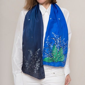 Floral Hand Painted Silk Scarf Lily of The Valley Blue Spring Scarf Floral Silk Scarf Birthday Gift May Gift Mom Gift 53X14