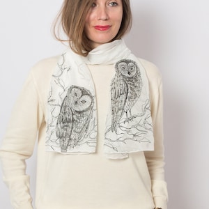 Owl Scarf White Silk Scarf Hand Painted Silk Scarf Owl White Silk Chiffon Scarf Bird Scarf Summer Scarf Gift for Her Owl Gifts 57X16