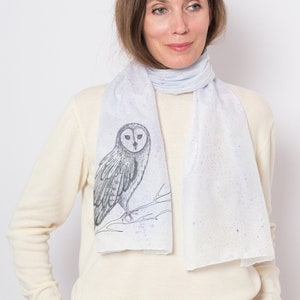 Owl Hand Painted Scarf Galaxy Scarf Snow Winter Scarf Bird Lover Scarf Christmas Scarf Christmas Gift Mother Gift Owl Lover Gift 59X13